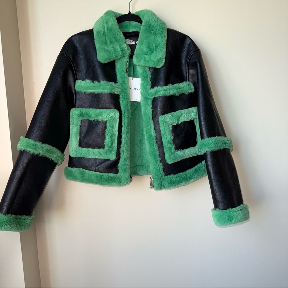 Glamorous Black Green Cropped Shearling Trim Vegan Leather Coat Size 6 - Picture 6 of 13